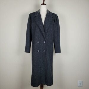 New York Girl Coat Womens 8 Black Double Breasted Leather Trim VTG 90s USA Tweed